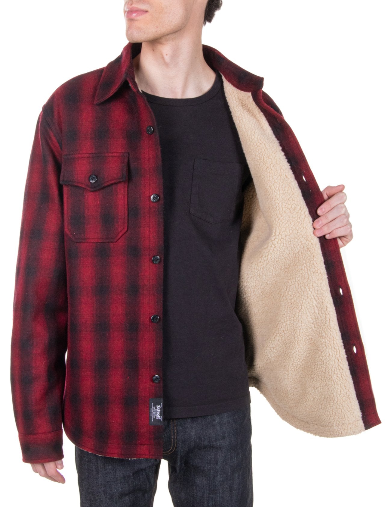 Schott NYC Plaid Wool Blend Faux Sherpa Lined CPO Shirt